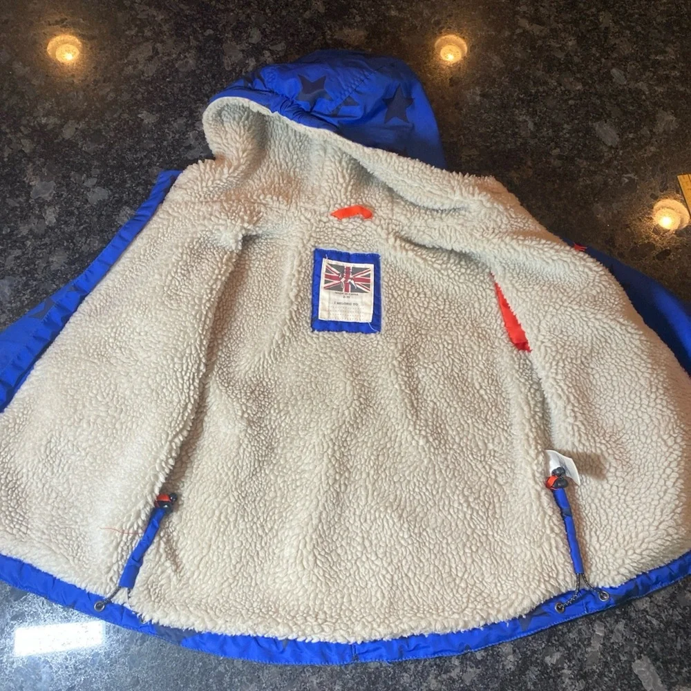 Mini Boden Hooded Puffer Zip Up Jacket Star Boys Blue 2-3Y